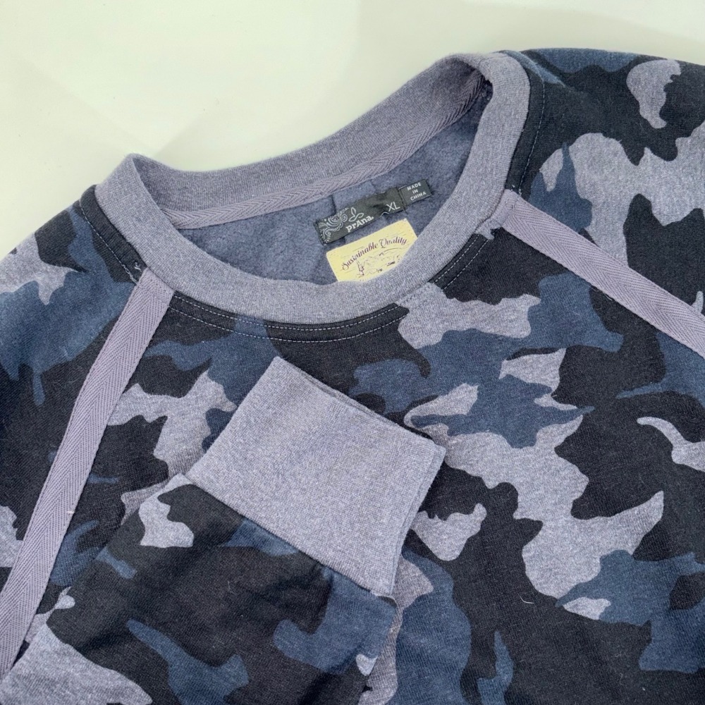 Prana Womens XL Blue Camo Hemp Blend Raglan Crewneck Sweatshirt